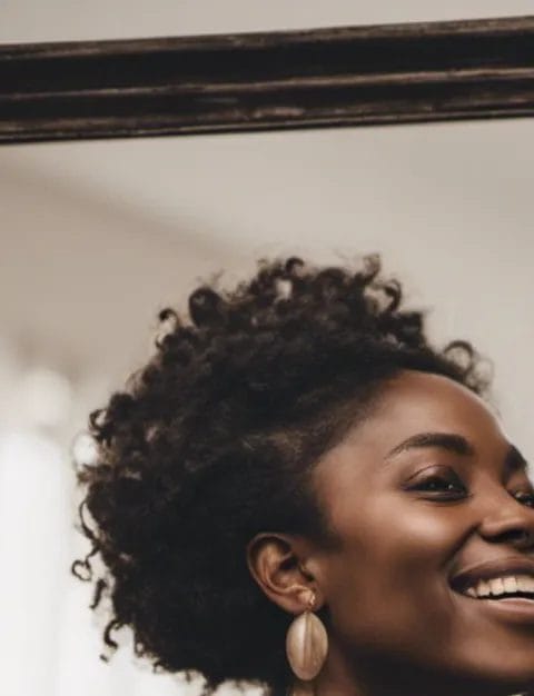 woman looking at herself appreciatively in the mirror